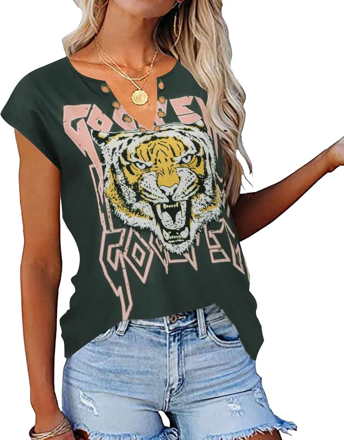 Zyyfly Womens Cap Sleeve Tank Tops V Neck Graphic Summer Shirts Loose Fit